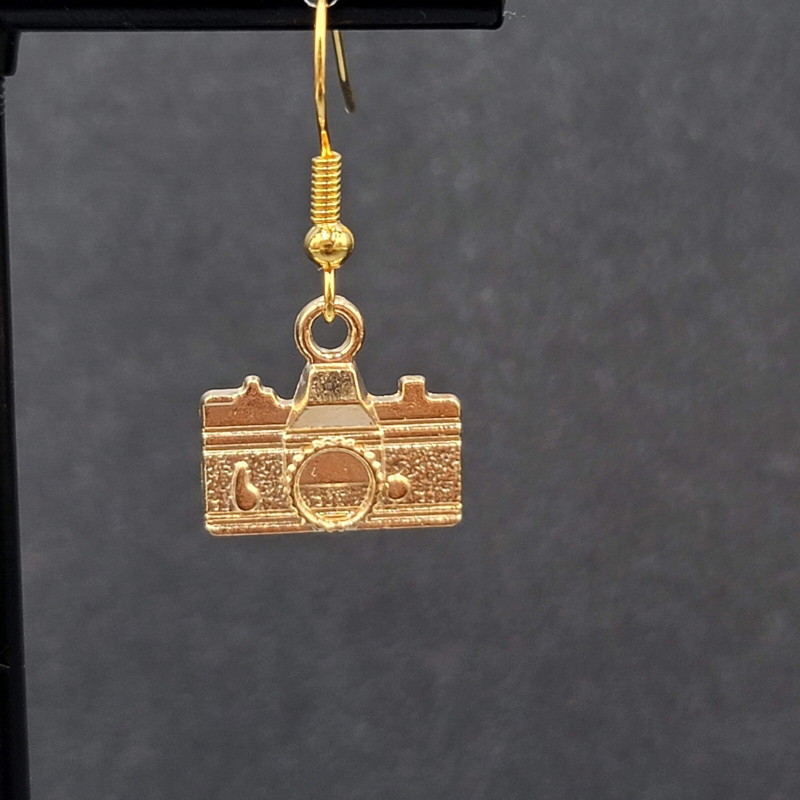 Retro Camera Pierced Earrings Gold tone Dangle 1/2"