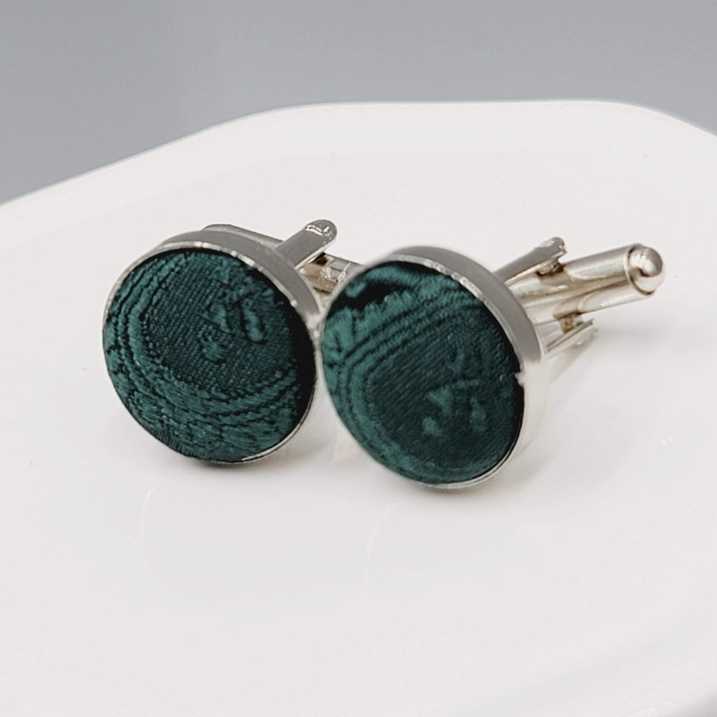 Mens Cufflinks Silver tone Round Evergreen Green Fabric Modern 5/8"