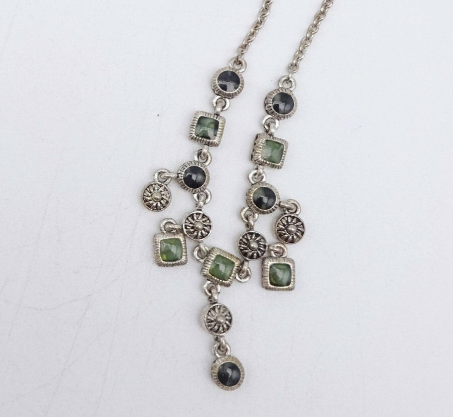 Necklace Silver tone Green Black Acrylic Dangle Signed Well Made 16" - 18”