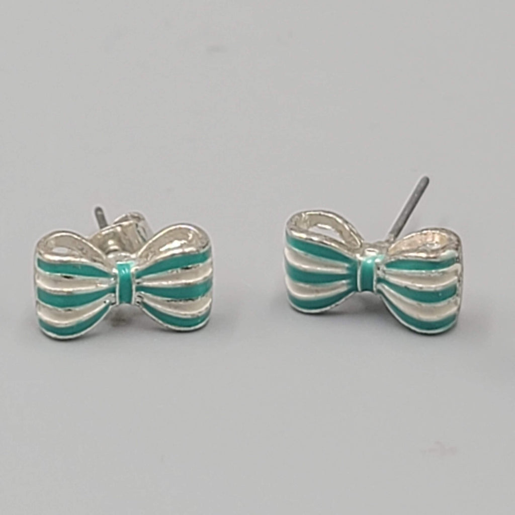 Bow Studs Pierced Earrings Blue Enamel Silver tone Lot of 2