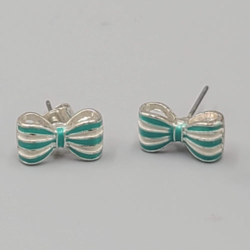 Bow Studs Pierced Earrings Blue Enamel Silver tone Lot of 2