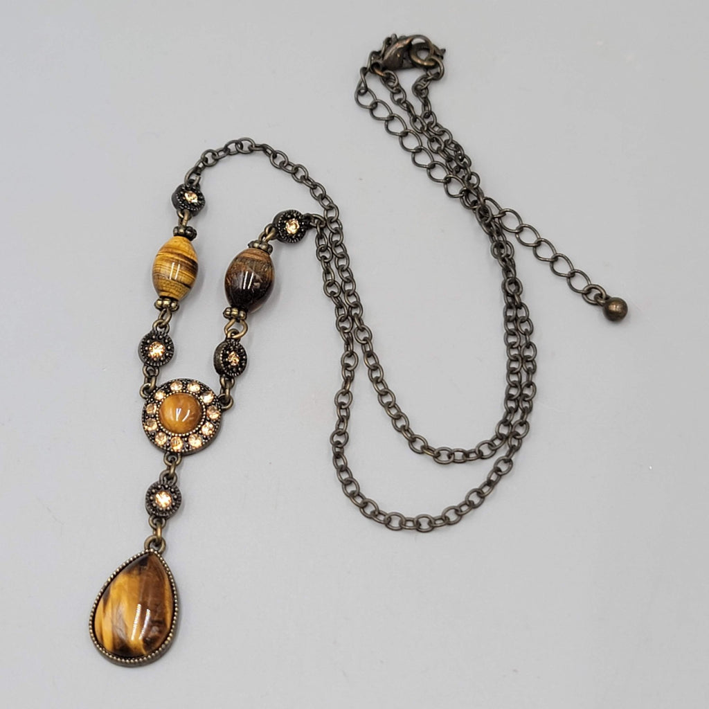 Tigers Eye Y Drop Necklace Bronze Tone Chain Pendant Crystal Accent 18"