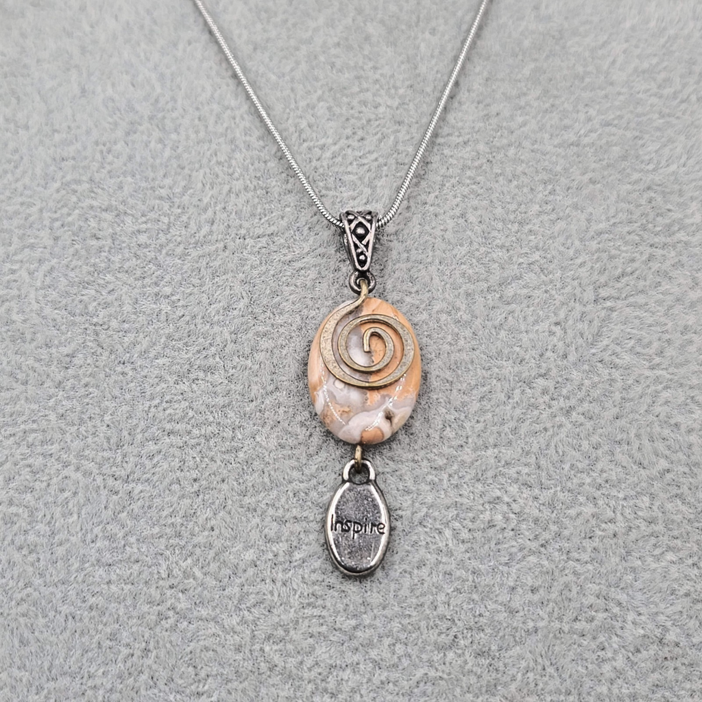 Inspire Agate Pendant Necklace Silver tone Snake Chain 18 in