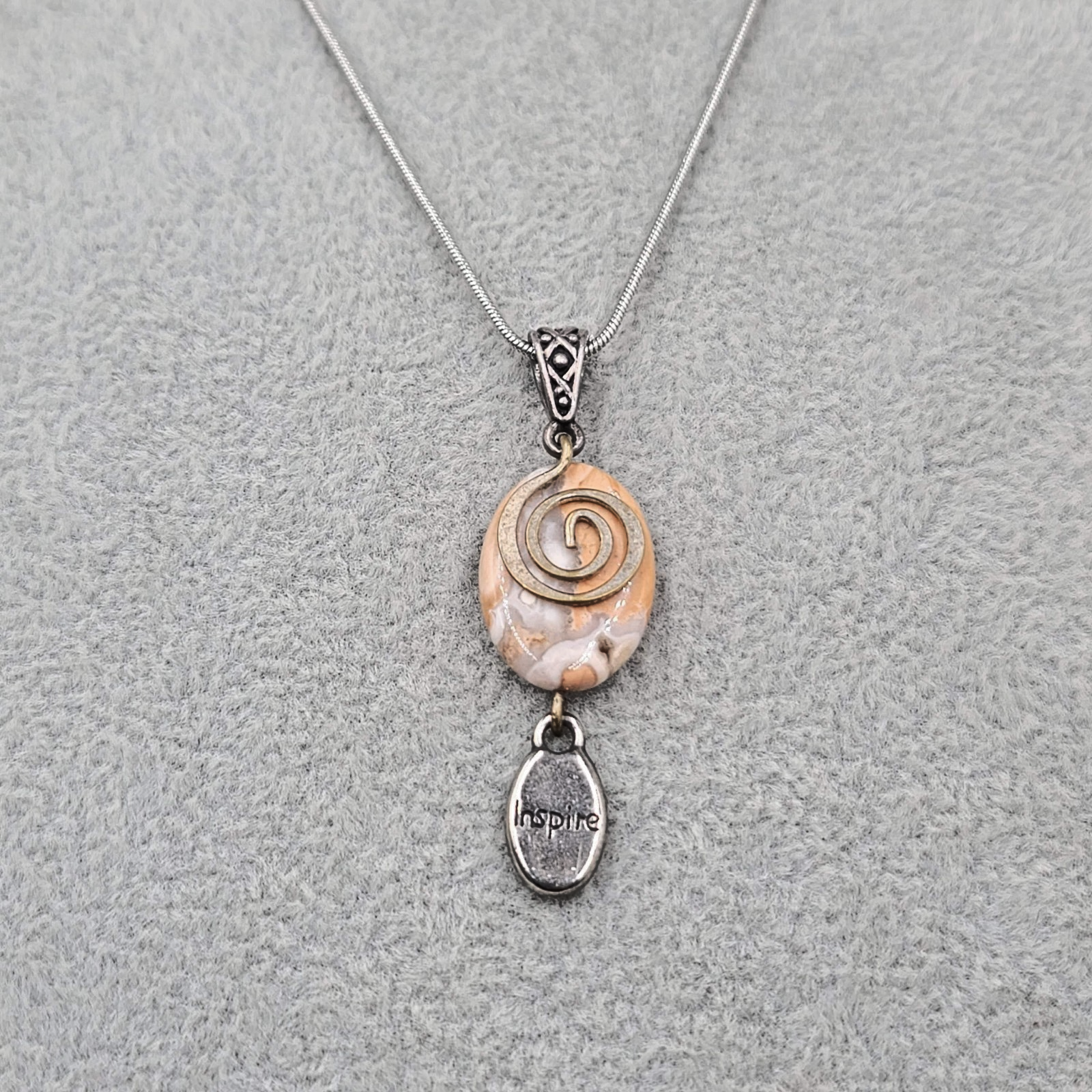 Inspire Agate Pendant Necklace Silver tone Snake Chain 18 in
