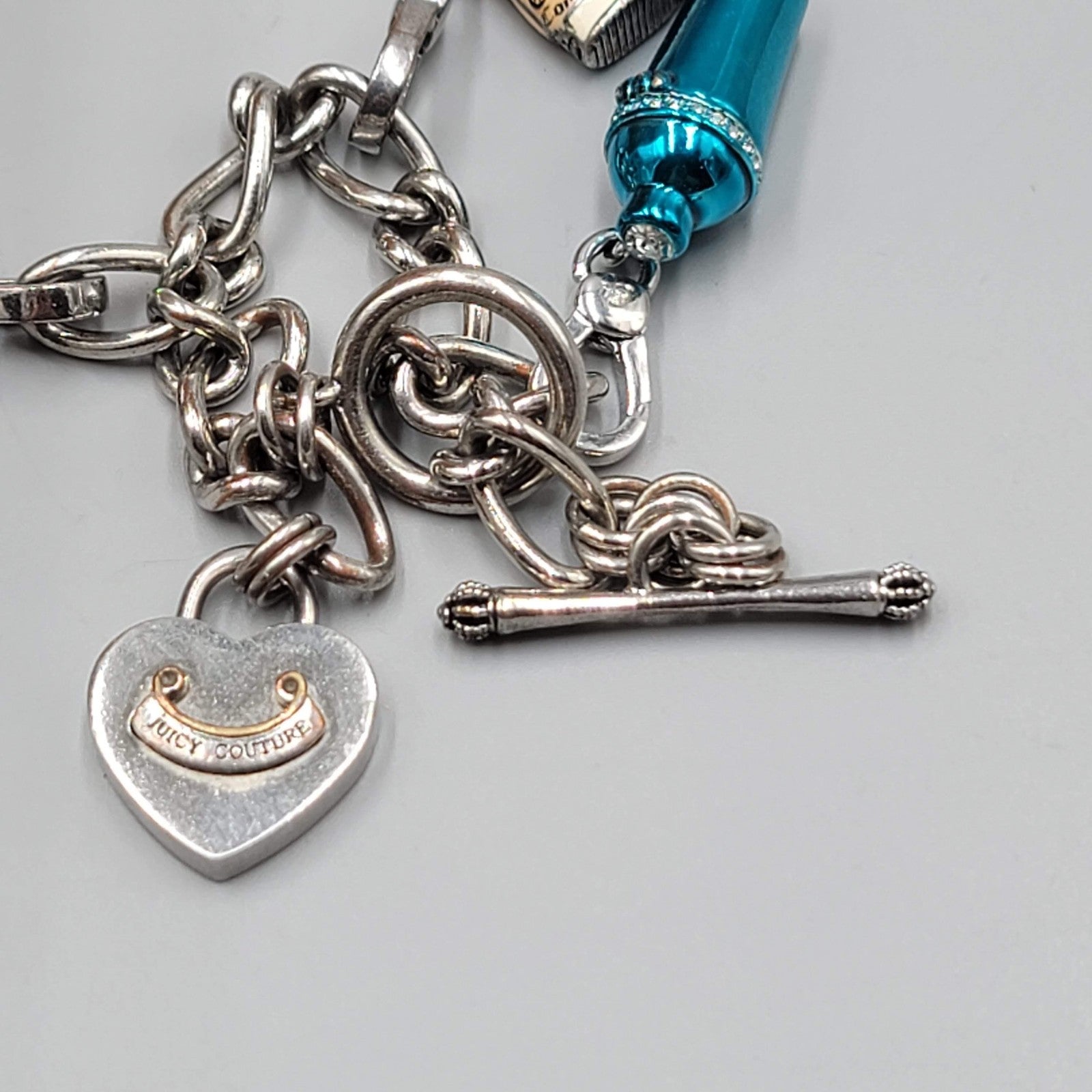 Juicy Couture Charm Bracelet Silver Tone Heart Lock Sneaker Glasses Cocktail 6"