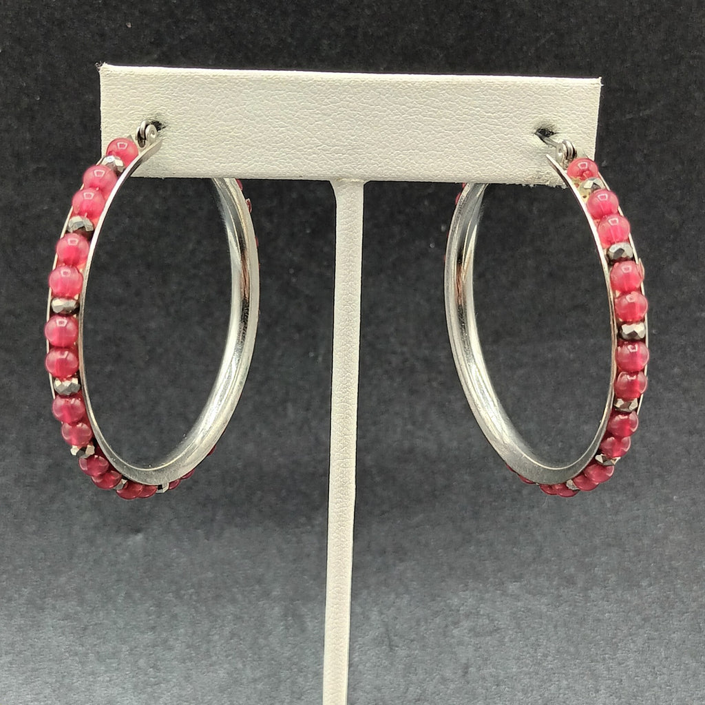 Pierced Earrings Silver tone Red Bead Statement Snap Hoops 2"