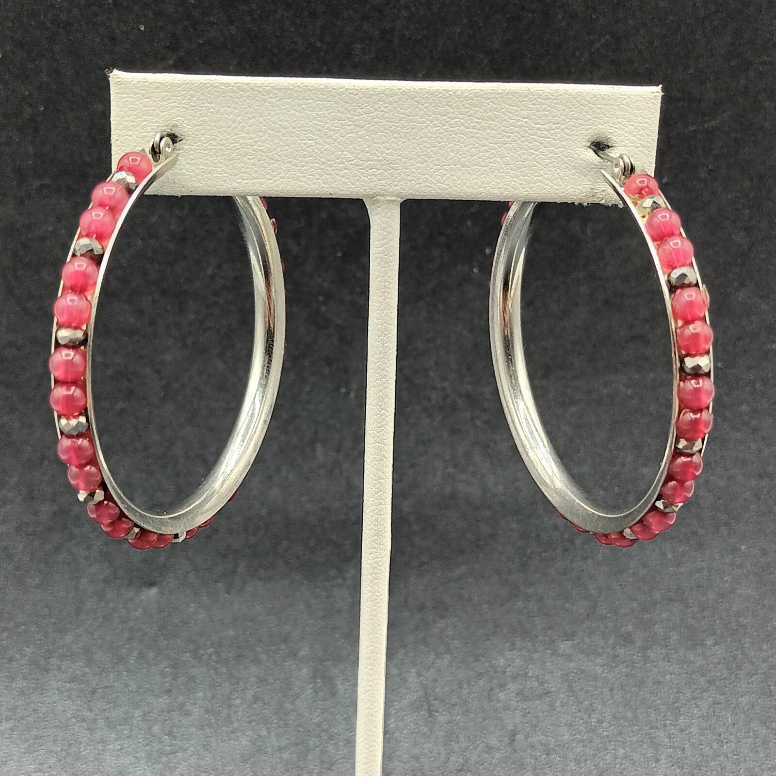 Pierced Earrings Silver tone Red Bead Statement Snap Hoops 2"