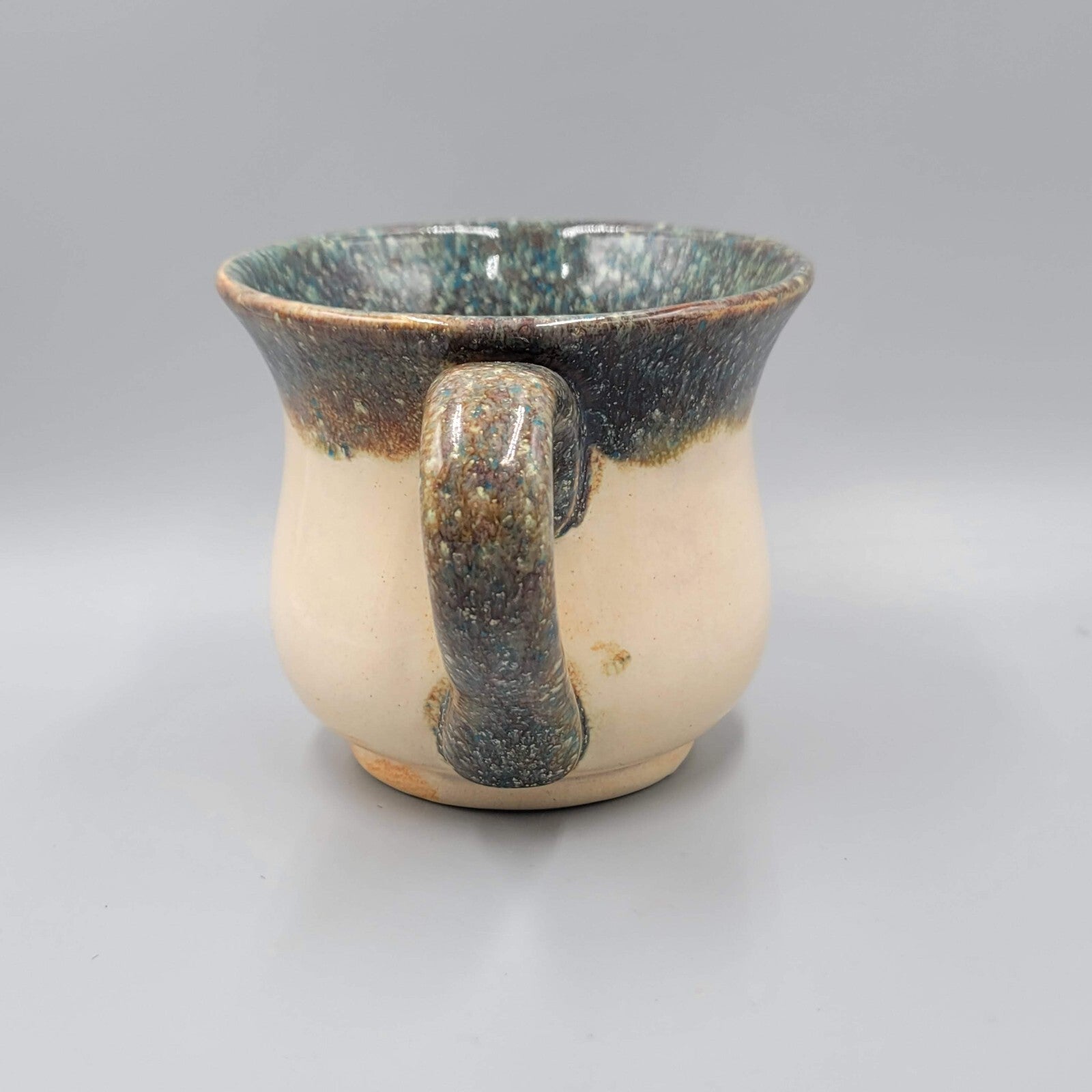 Art Pottery Coffee Mug Artist Signed CR Large Drop Glaze Green Tan