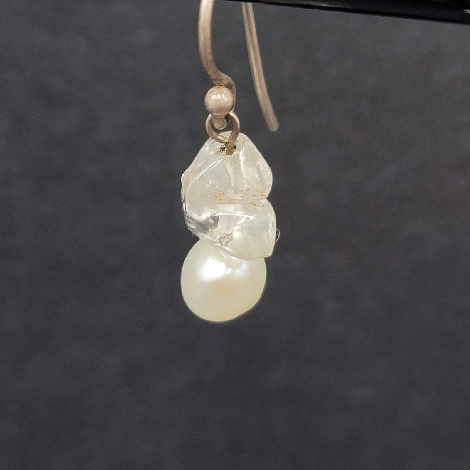 Sterling Silver Pierced Earrings Freshwater Pearl Quartz Bead Dangle 5/8"