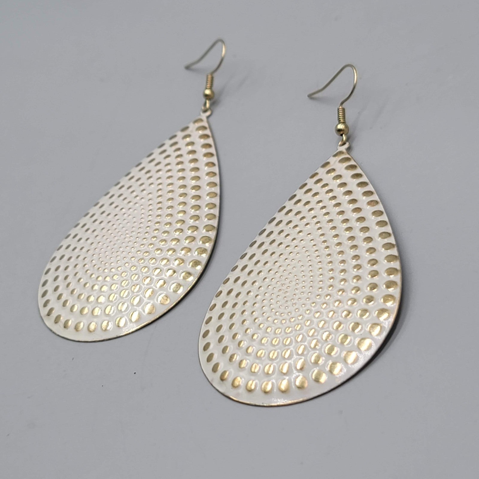 Large Statement Teardrop White Enamel Pierced Earrings Gold tone Dangle 3"