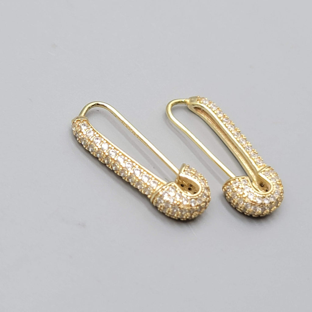 Crystal Studded Safety Pin Sterling Silver Gold Vermeil Pierced Earrings 7/8"
