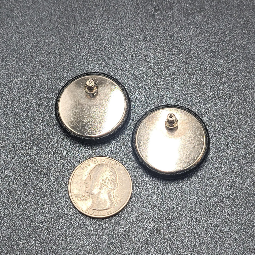 Vintage Pierced Earrings Faux Snake Skin Black Button Studs 1 1/8"