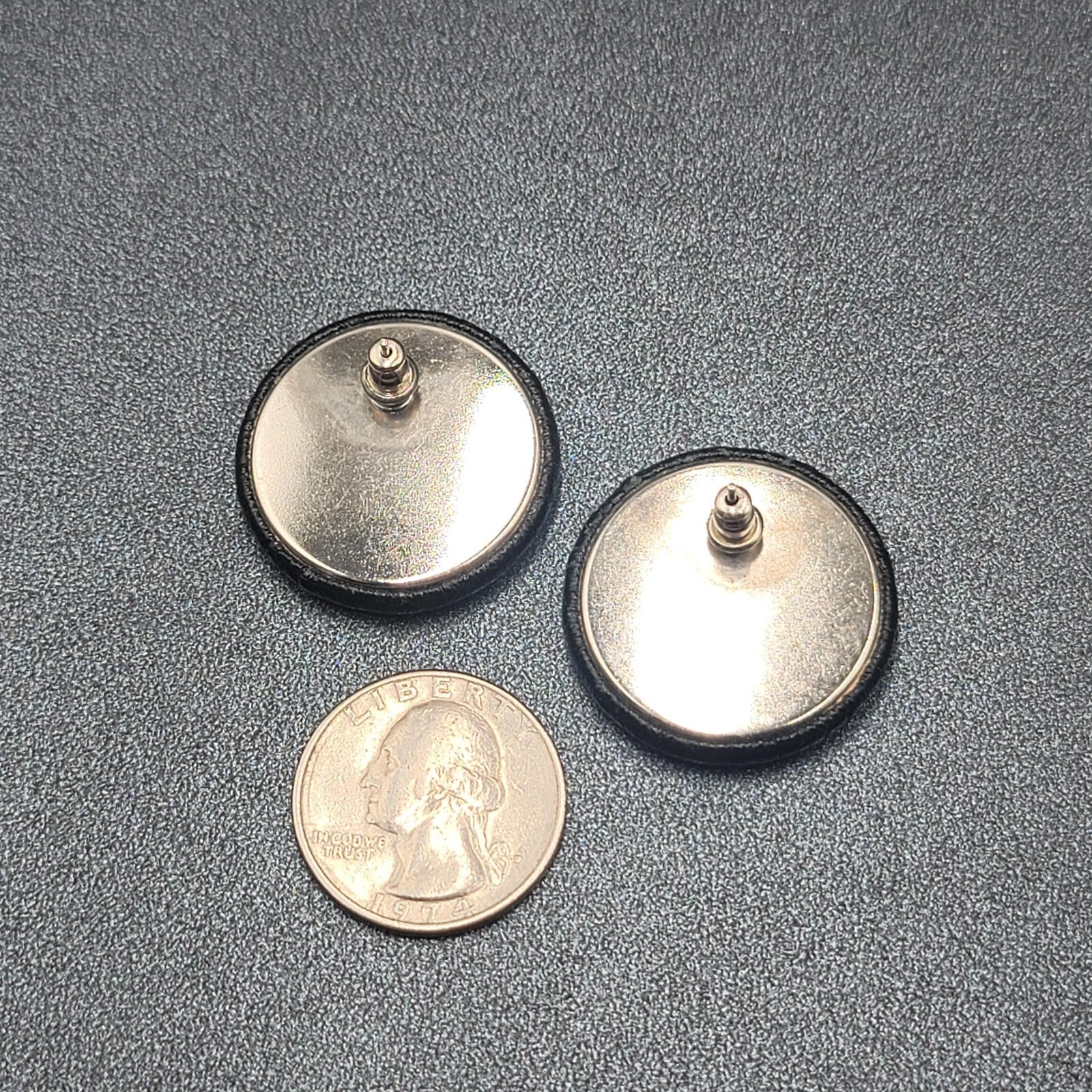Vintage Pierced Earrings Faux Snake Skin Black Button Studs 1 1/8"