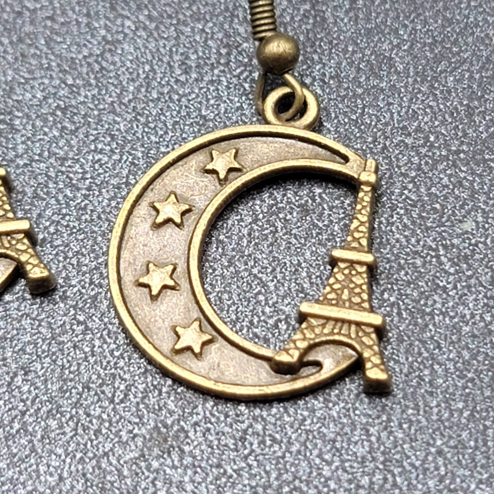 Crescent Moon Eiffel Tower Pierced Earrings Dangle Bronze tone New 7/8"