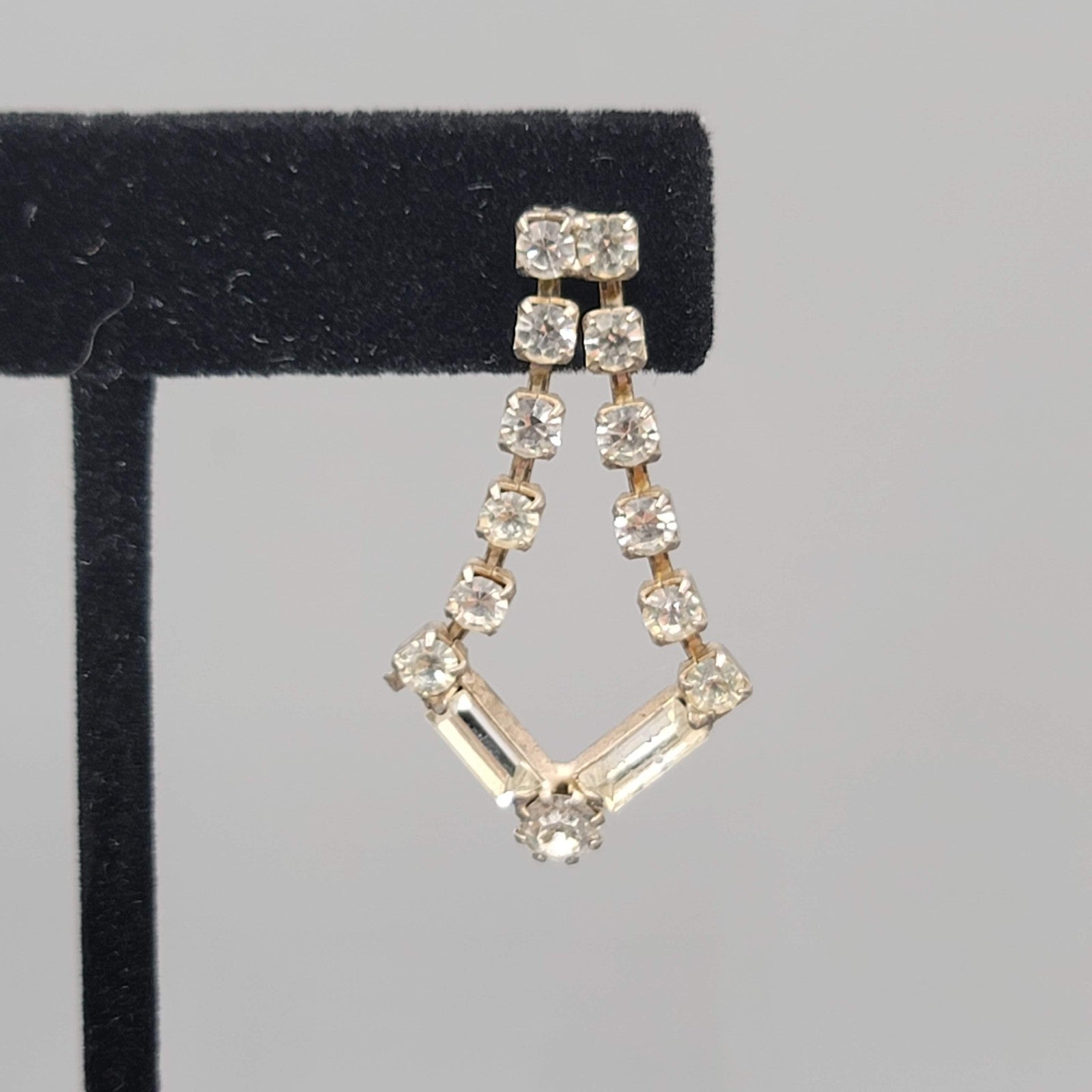Vintage Clear Rhinestone Pierced Earrings Silver tone Dangle Open Work 1.25 in