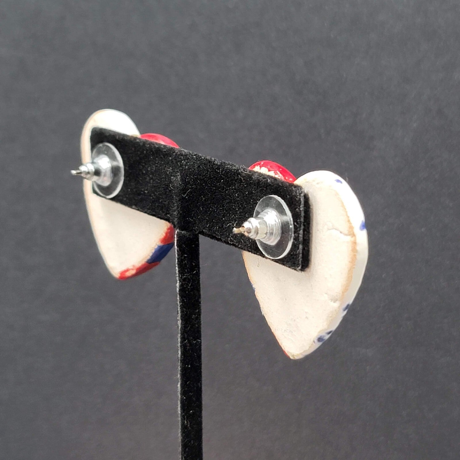 Vtg Heart Pierced Earrings Ceramic Hand Painted Patriotic Red White Blue 1.25"