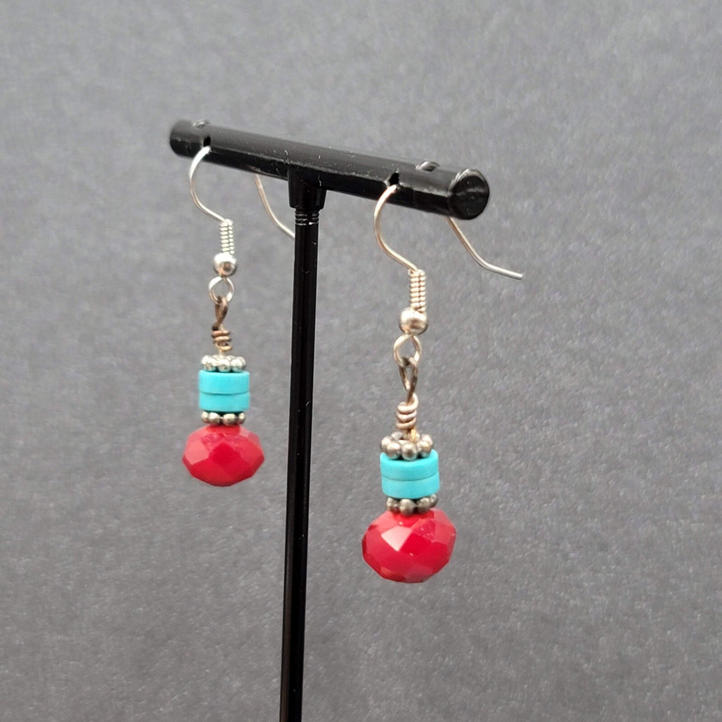 Pierced Earrings Silver tone Red Stone Turquoise Stone Beads Dangle  7/8"