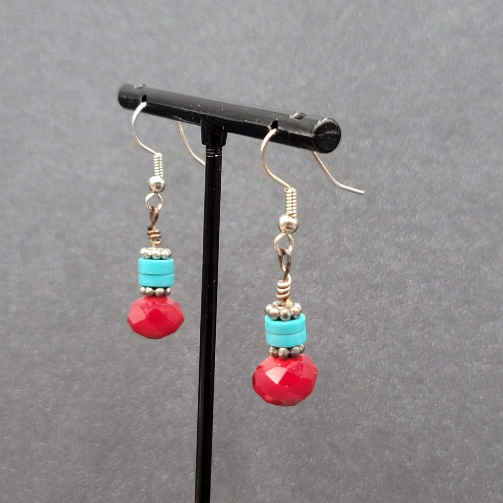 Pierced Earrings Silver tone Red Stone Turquoise Stone Beads Dangle  7/8"