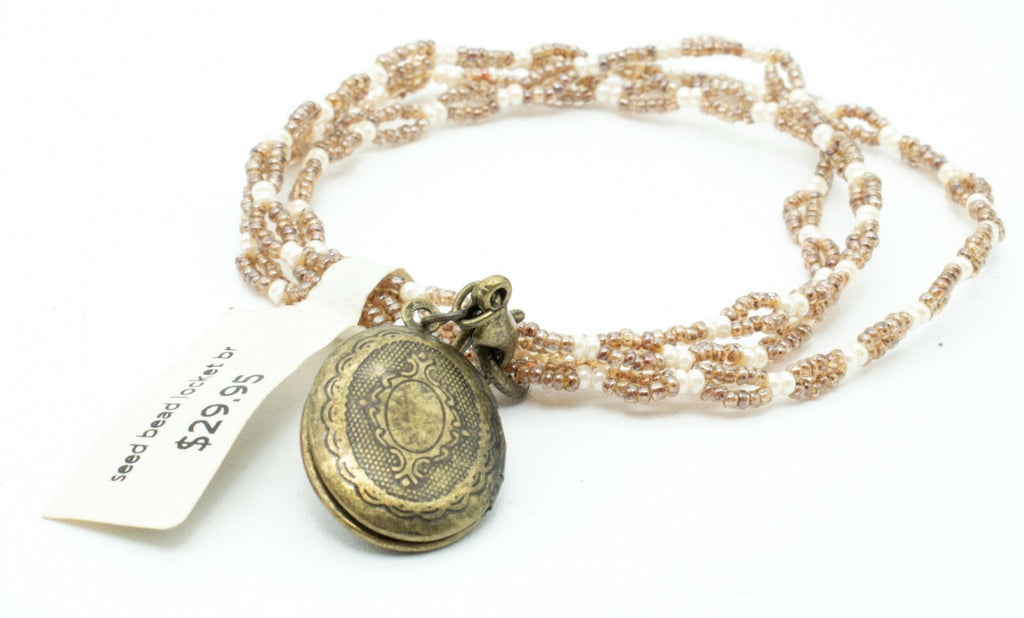 Locket Charm Bracelet Elastic Seed Bead Estate Costume Jewelry NWT $29