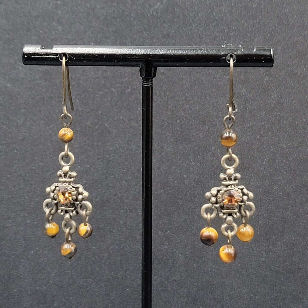 Pierced Earrings Bronze tone Tigers Eye Bead Orange Rhinestone Dangle 1.25"