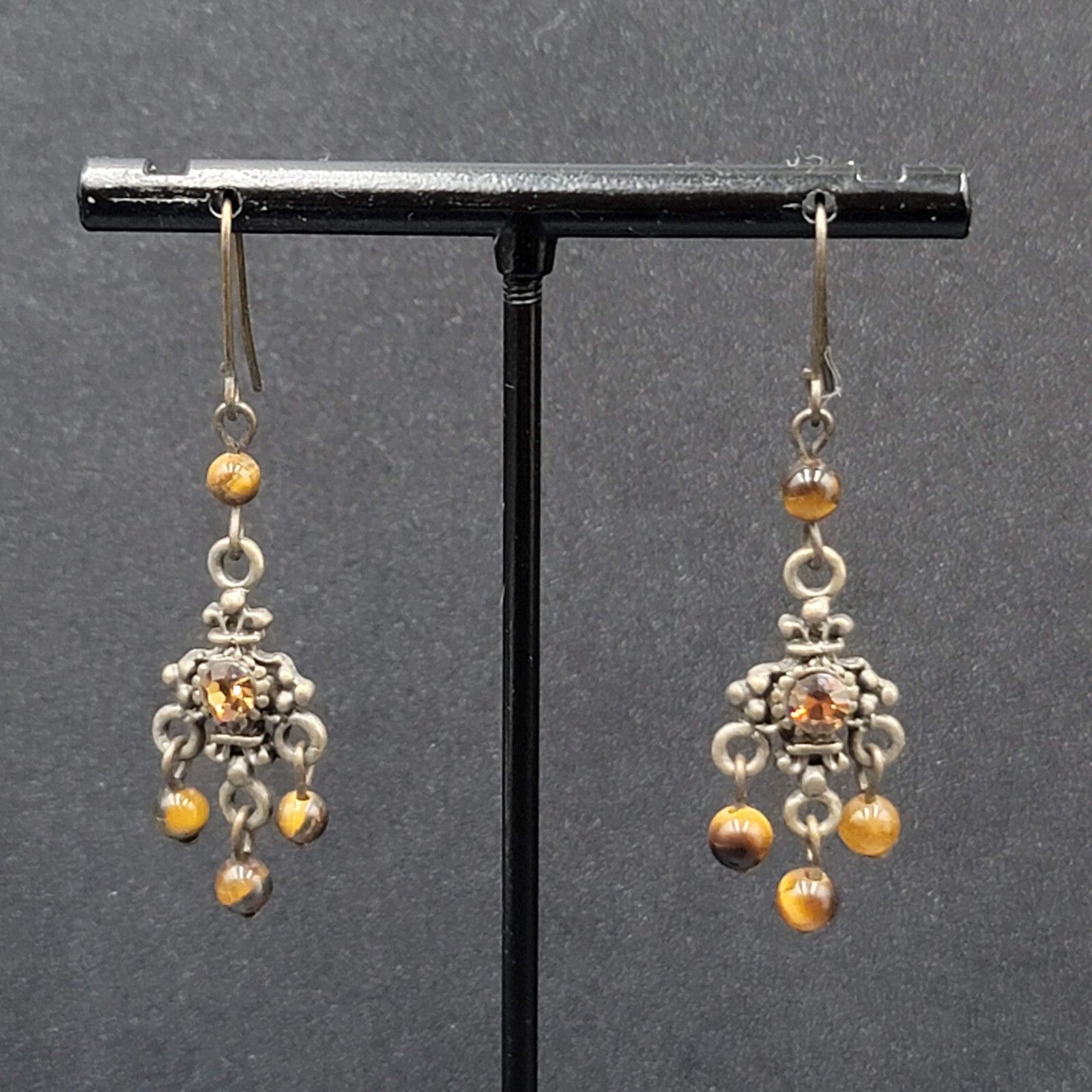 Pierced Earrings Bronze tone Tigers Eye Bead Orange Rhinestone Dangle 1.25"