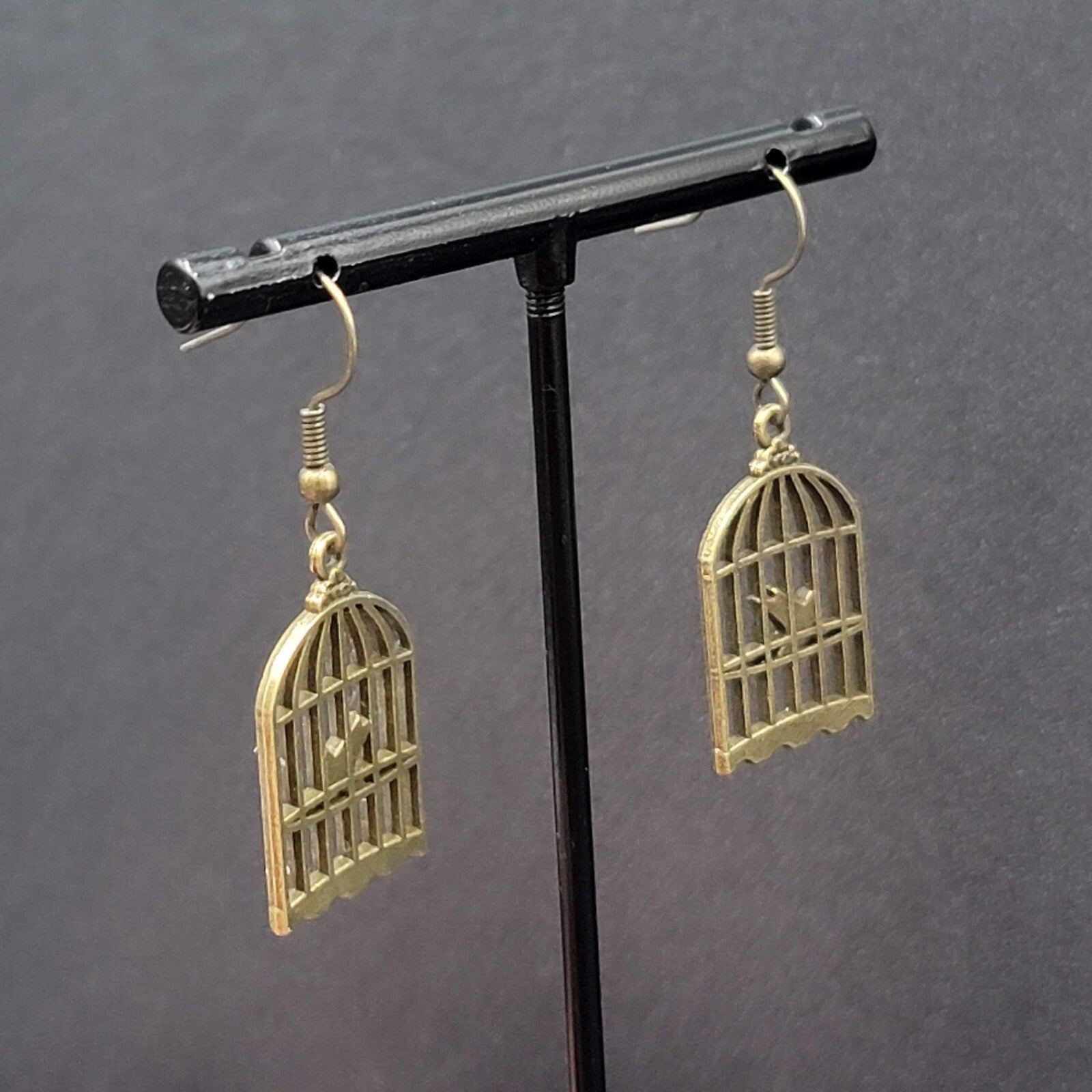 New Bird in the Cage Pierced Earrings Bronze tone Dangle 1"
