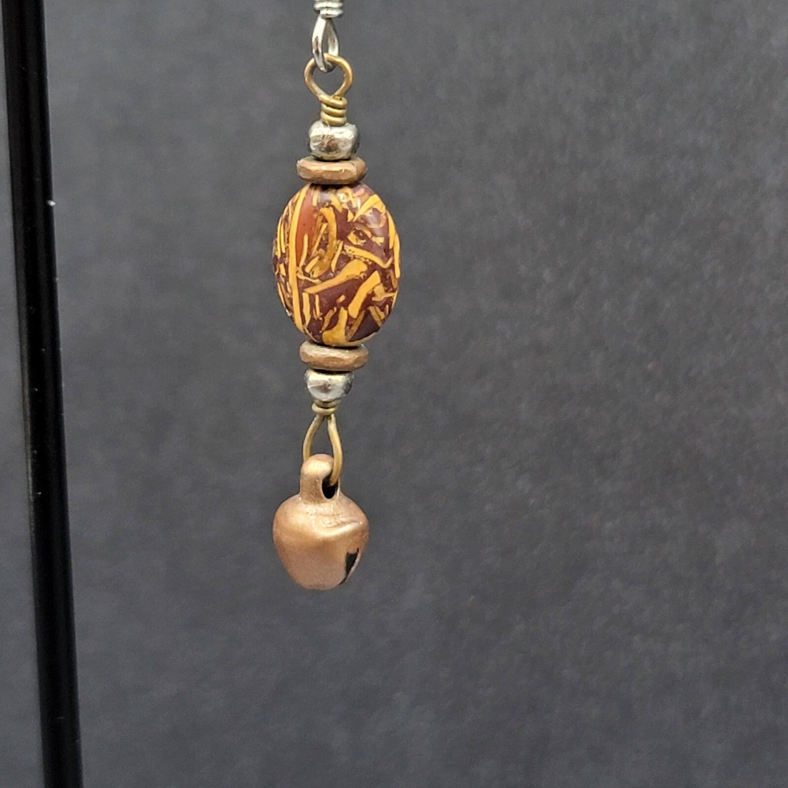 Pierced Earrings Brown Bead Copper Bell Dangle 1.25"