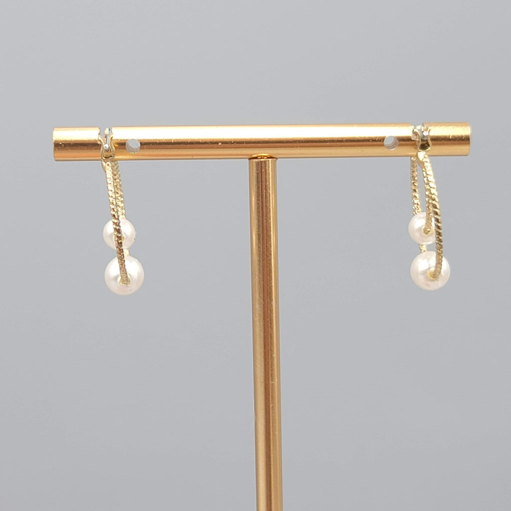 Double Hoops Pierced Earrings Gold tone Faux Pearl Bead 1"