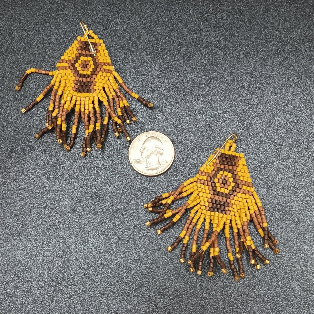 Pierced Earrings Wood Bead Weaved Browns Gold tone Dangle 2.75"