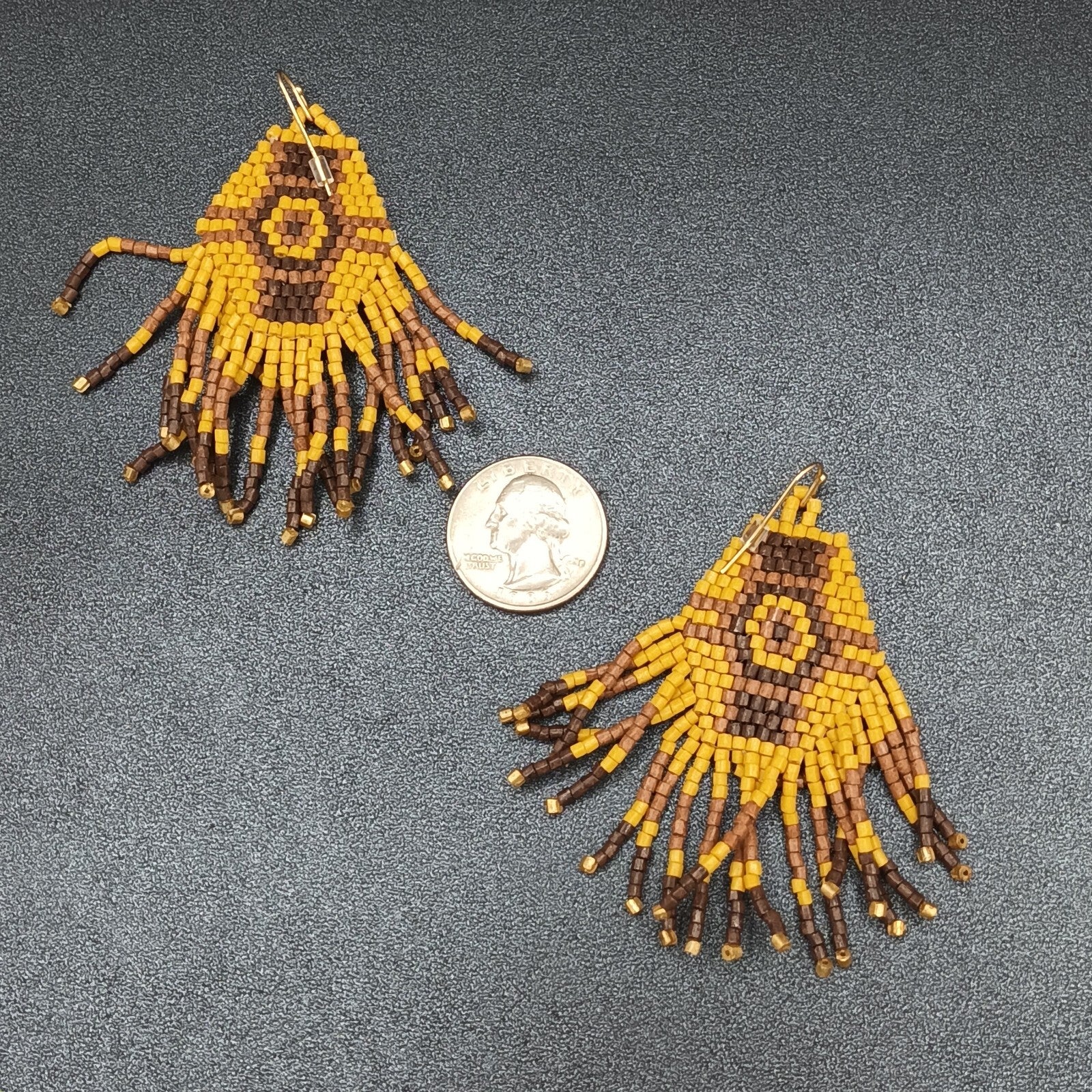 Pierced Earrings Wood Bead Weaved Browns Gold tone Dangle 2.75"