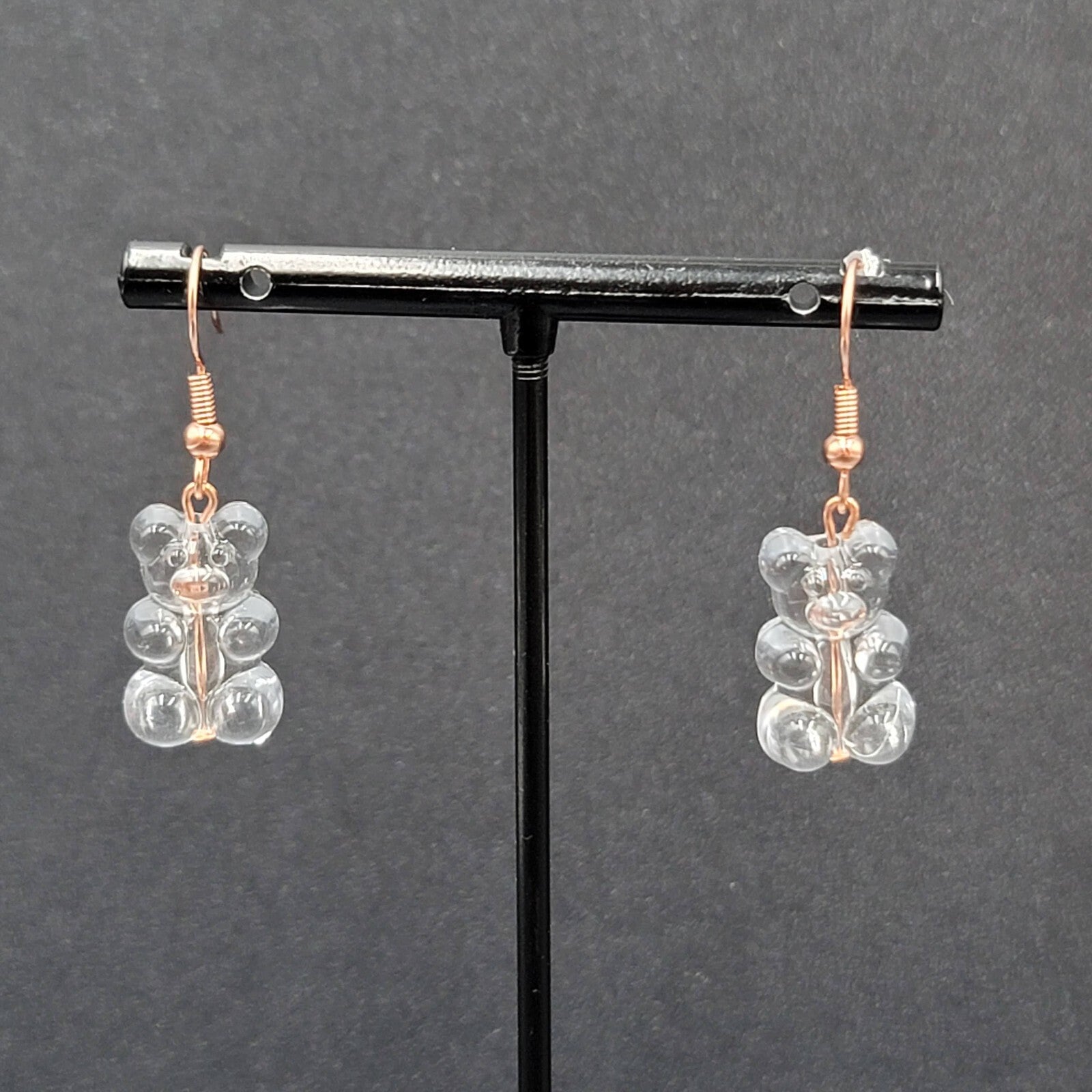New Clear Gummy Bear Pierced Earrings Rose Gold tone Hooks Dangle 3/4"