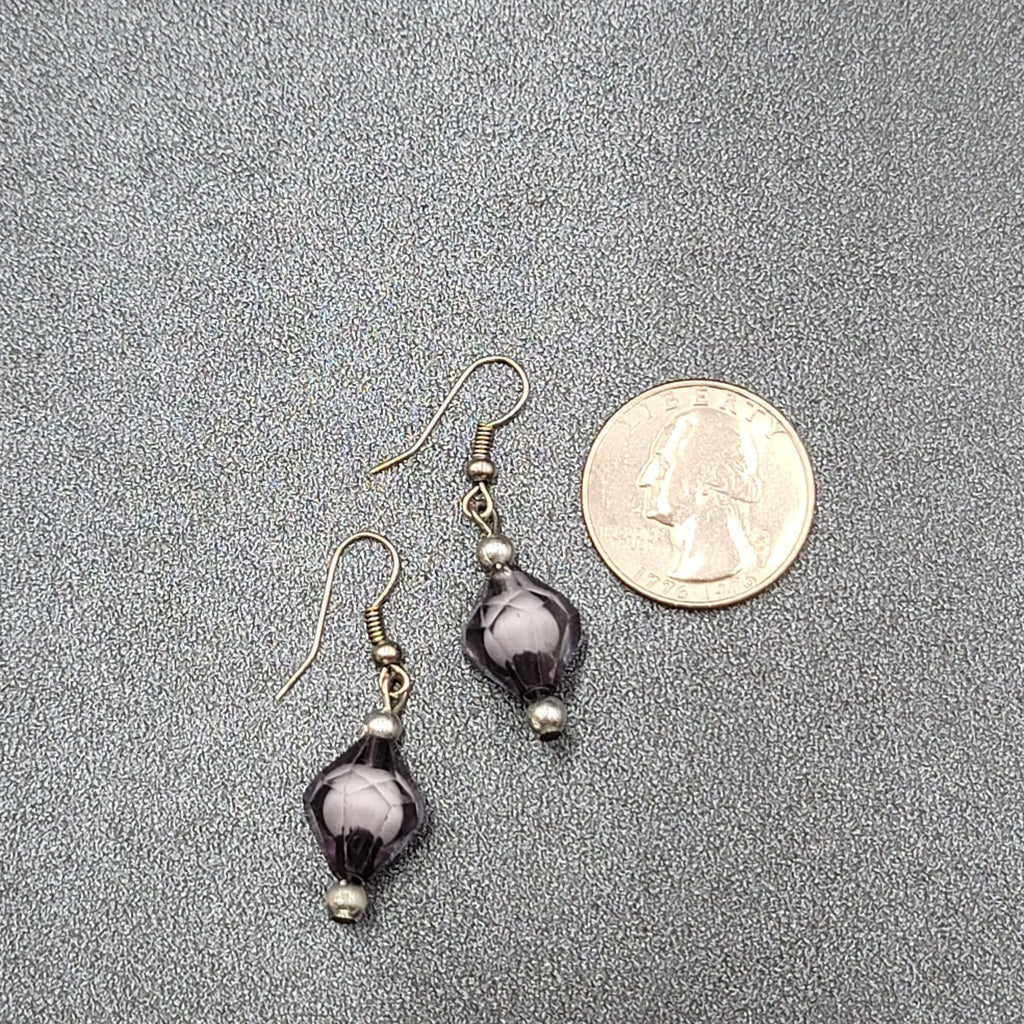 Pierced Earrings Silver tone Black White Art Bead Dangle 1"