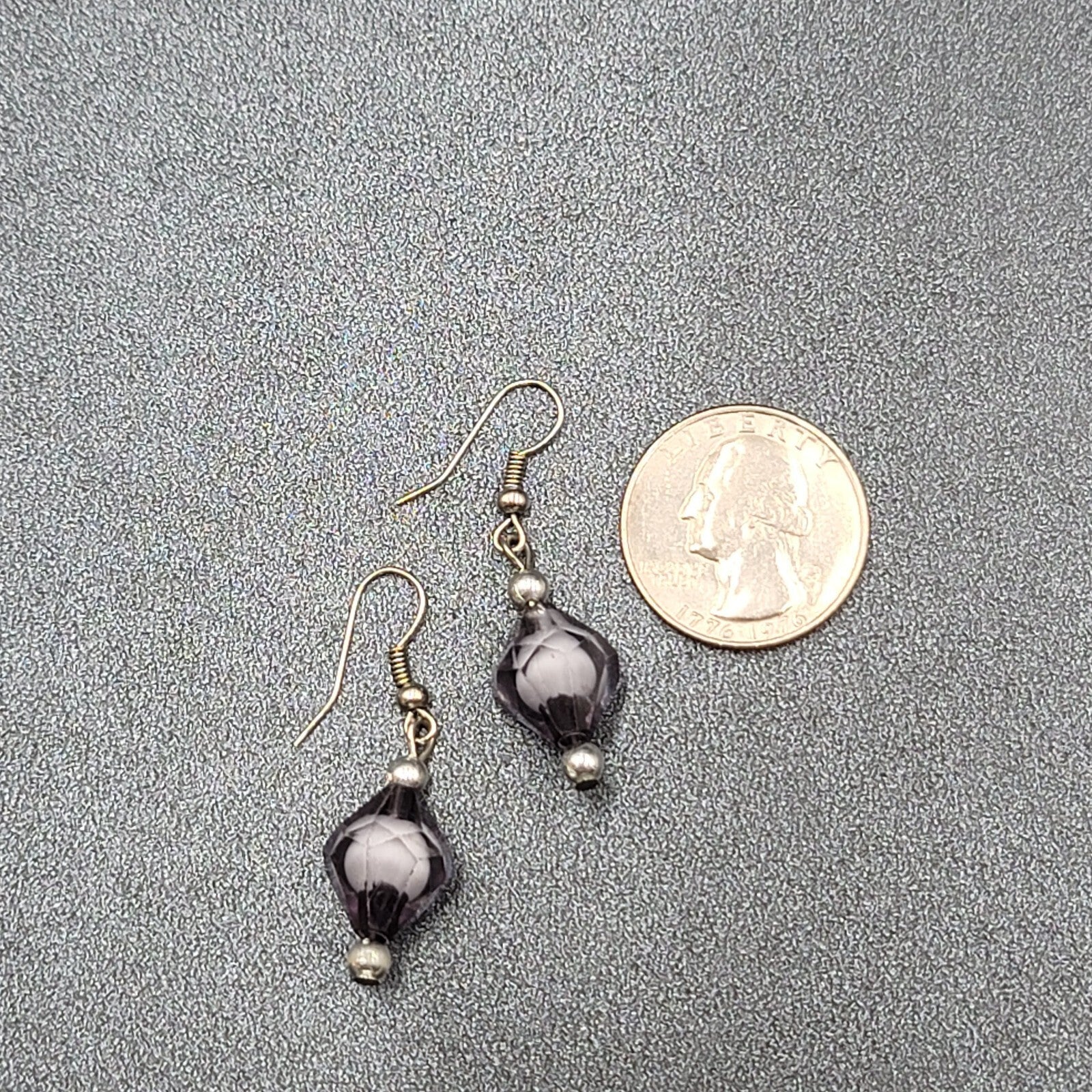Pierced Earrings Silver tone Black White Art Bead Dangle 1"
