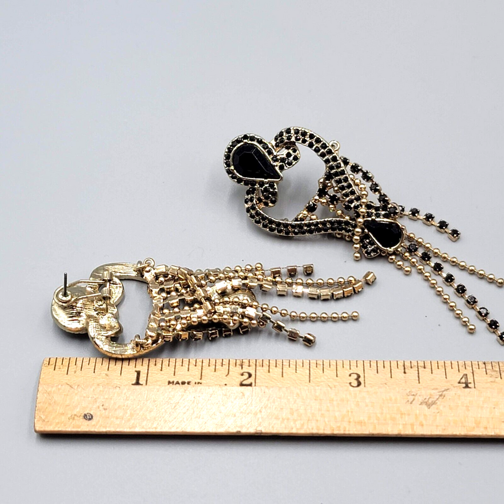 Statement Pierced Earrings Gold tone Black Rhinestone Chandelier Long 3.25"