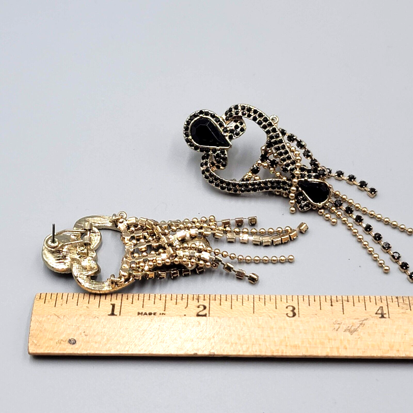 Statement Pierced Earrings Gold tone Black Rhinestone Chandelier Long 3.25"