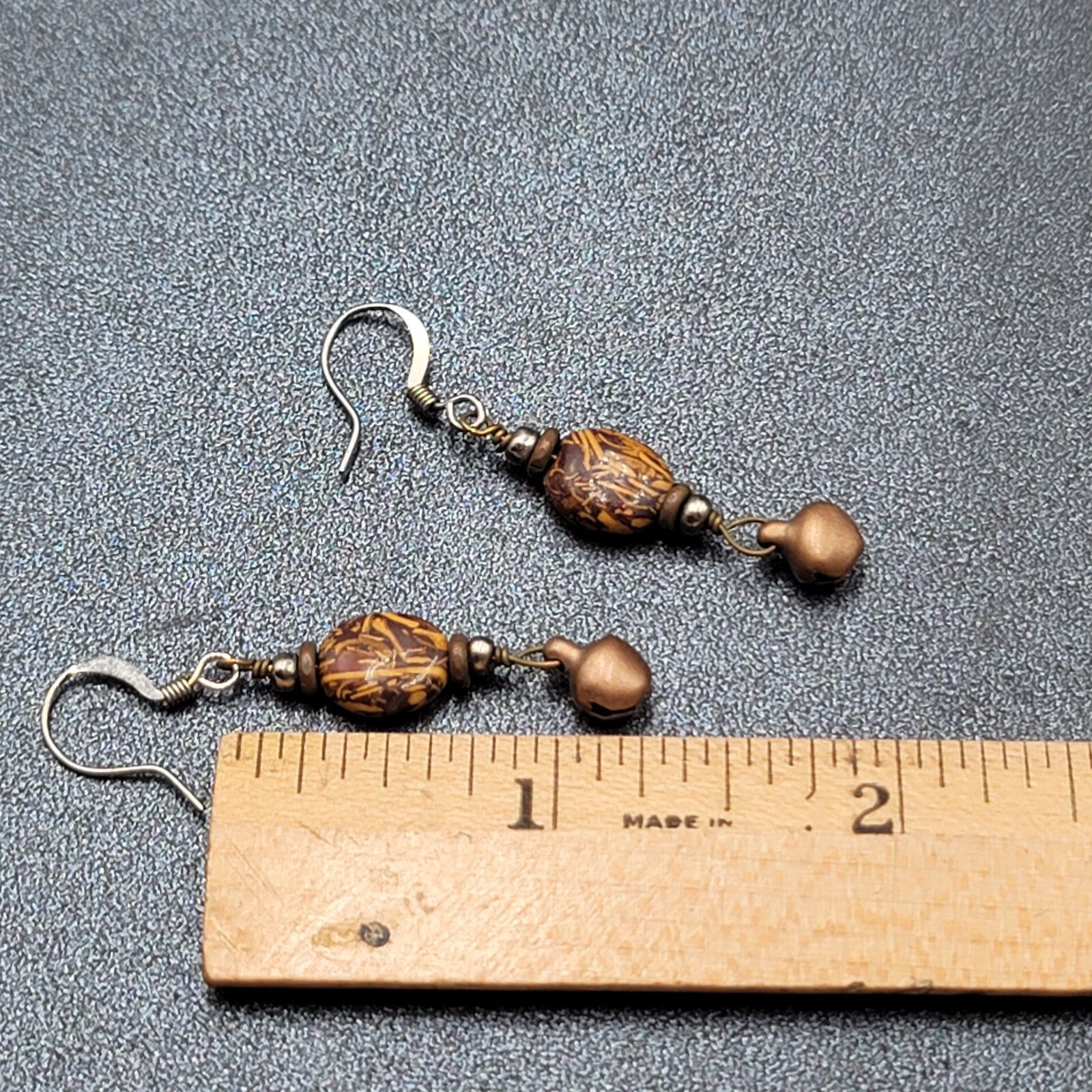 Pierced Earrings Brown Bead Copper Bell Dangle 1.25"