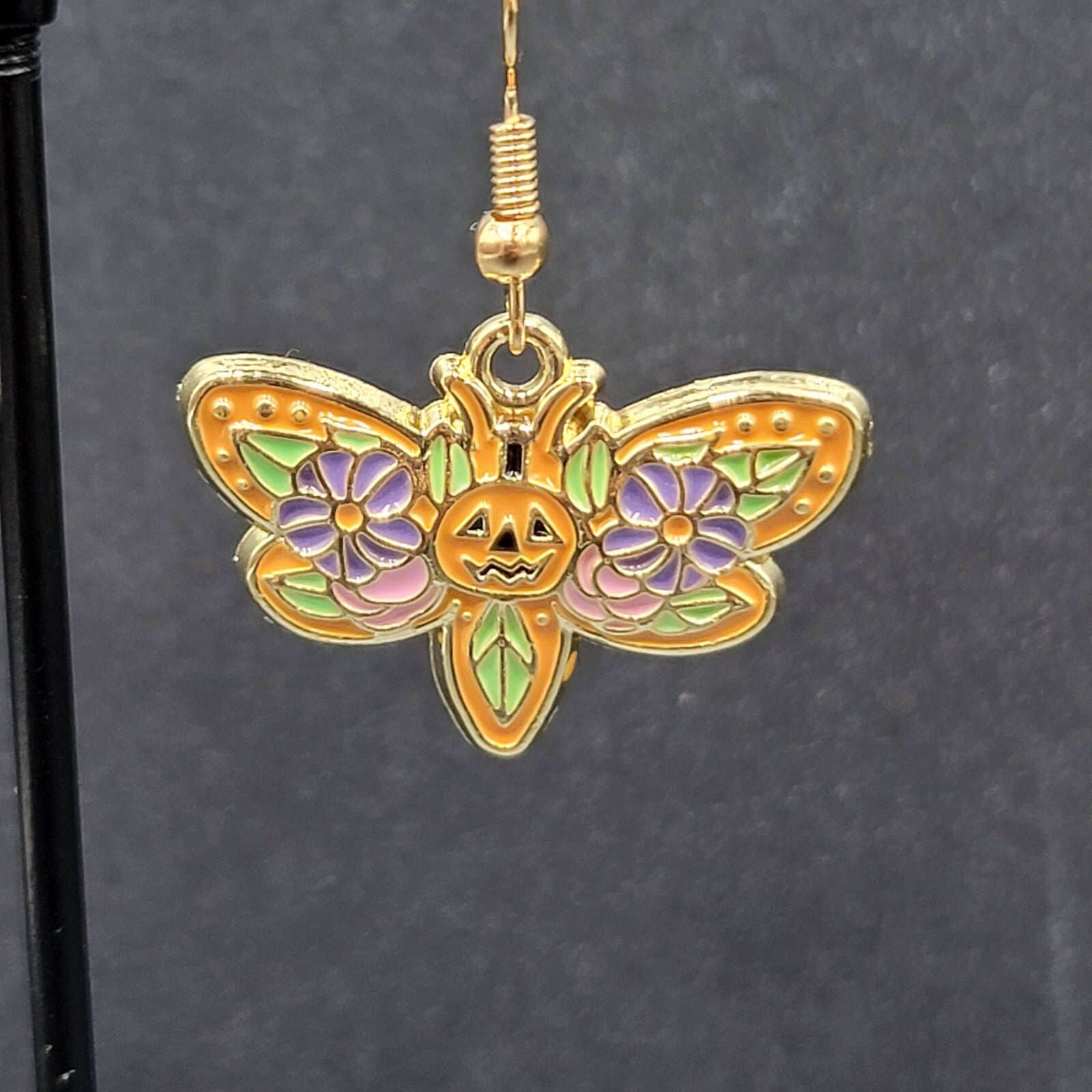 Halloween Moth Pierced Earrings Jack o Lantern Flowers Gold tone Dangle 3/4"