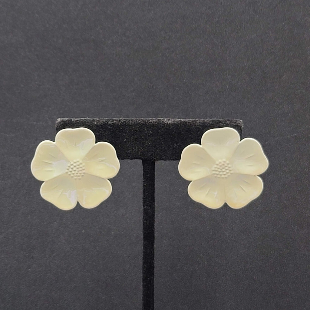 Pierced Earrings Enamel Flower Iridescent Drop 1.25"