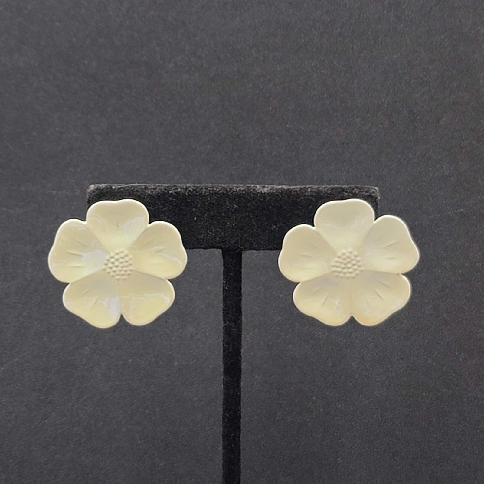 Pierced Earrings Enamel Flower Iridescent Drop 1.25"