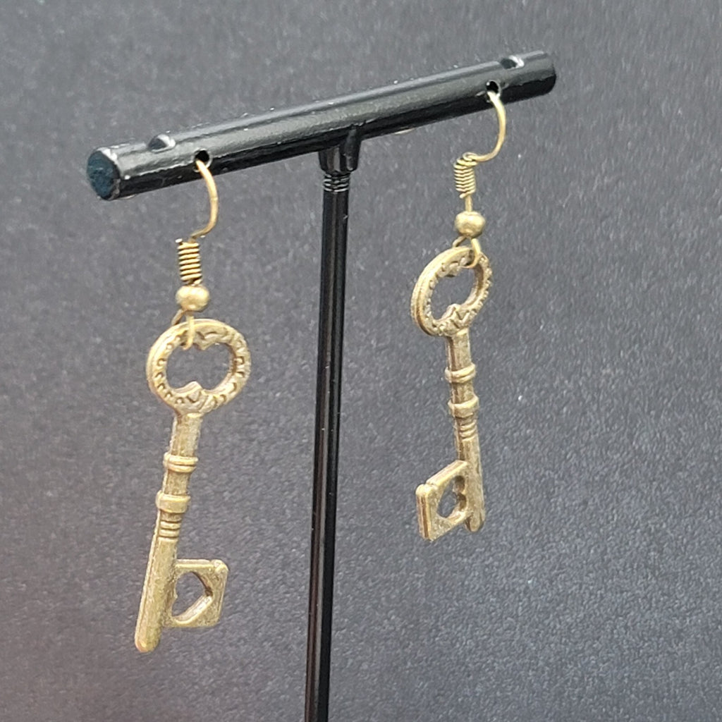 New Heart Skeleton Key Pierced Earrings Bronze tone Dangle 1 3/8"