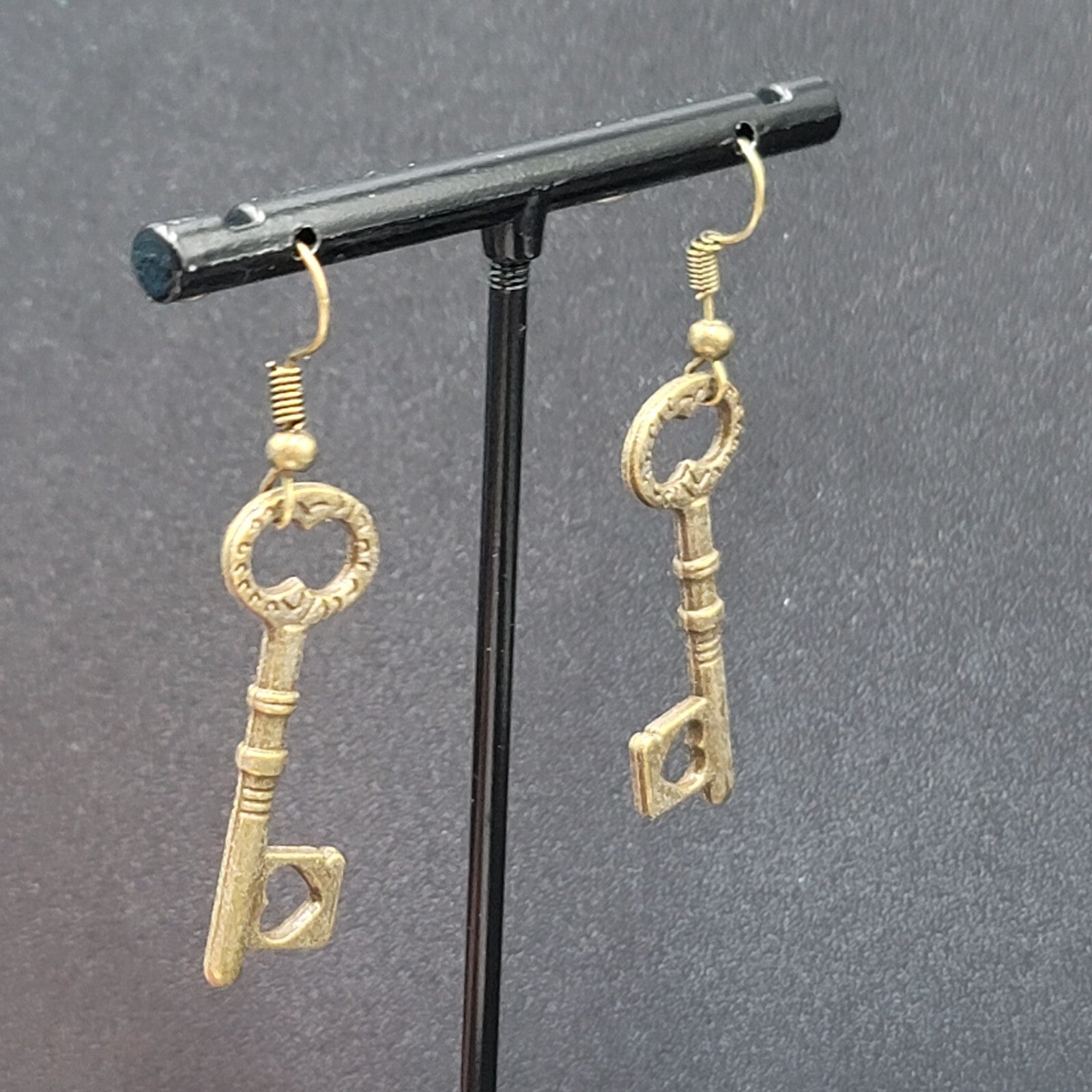 New Heart Skeleton Key Pierced Earrings Bronze tone Dangle 1 3/8"