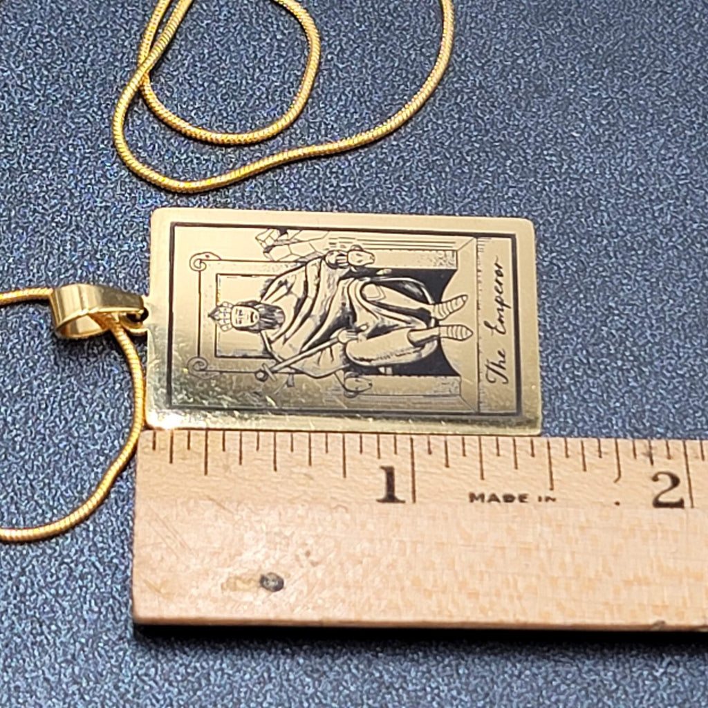 The EMPEROR Tarot Card Pendant Necklace Major Arcana Gold tone 18”.