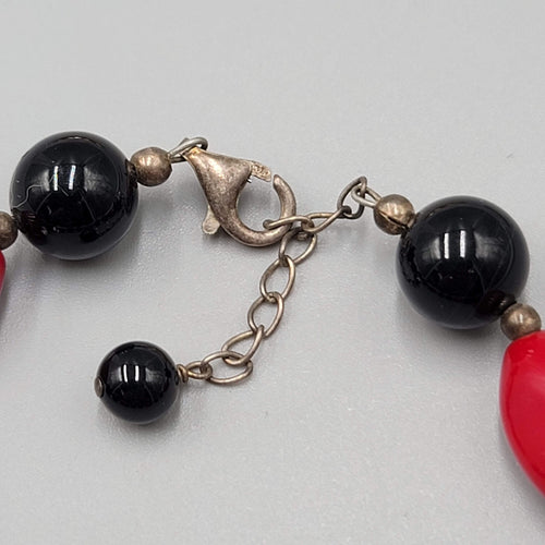 Black and Red Glass Bead Bracelet Sterling Silver 6.5" - 7.5"