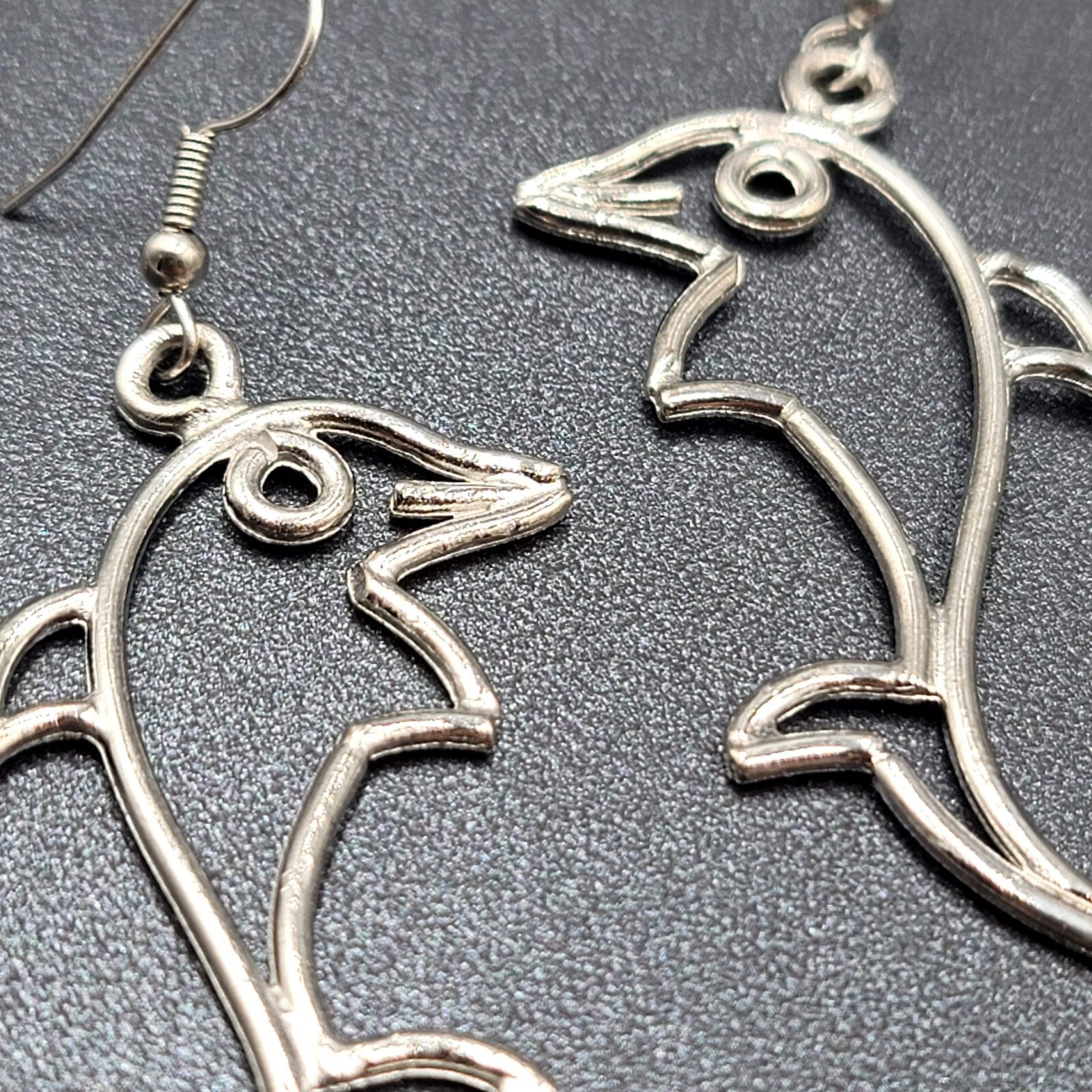 Dolphin Pierced Earrings Silver tone Dangle 2 1/8"
