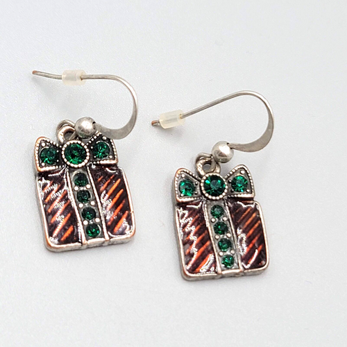 Christmas Present Pierced Earrings Enamel Rhinestone Silver tone Dangle 3/4"