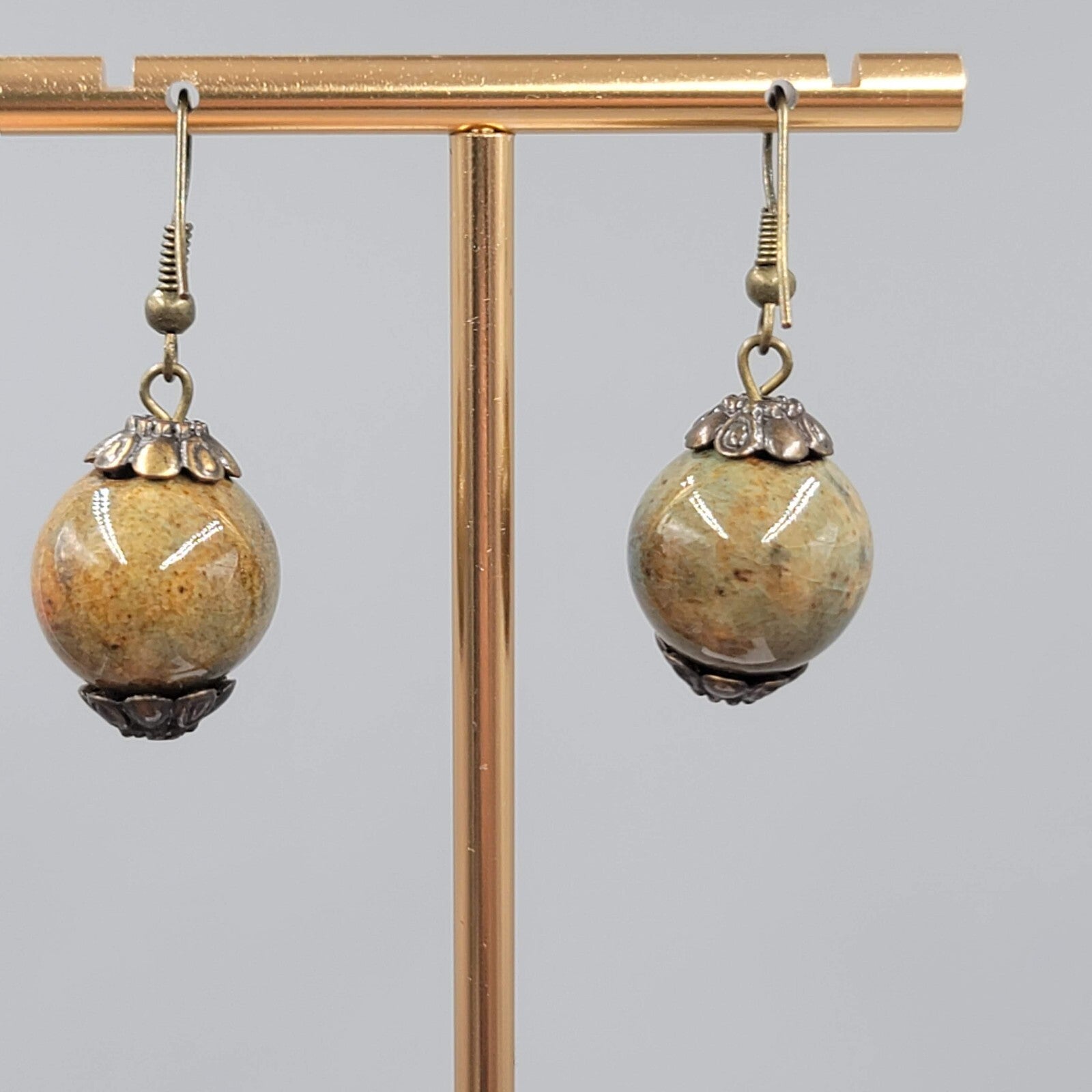 Ceramic Green Bead Pierced Earrings Bronze tone Dangle 1"