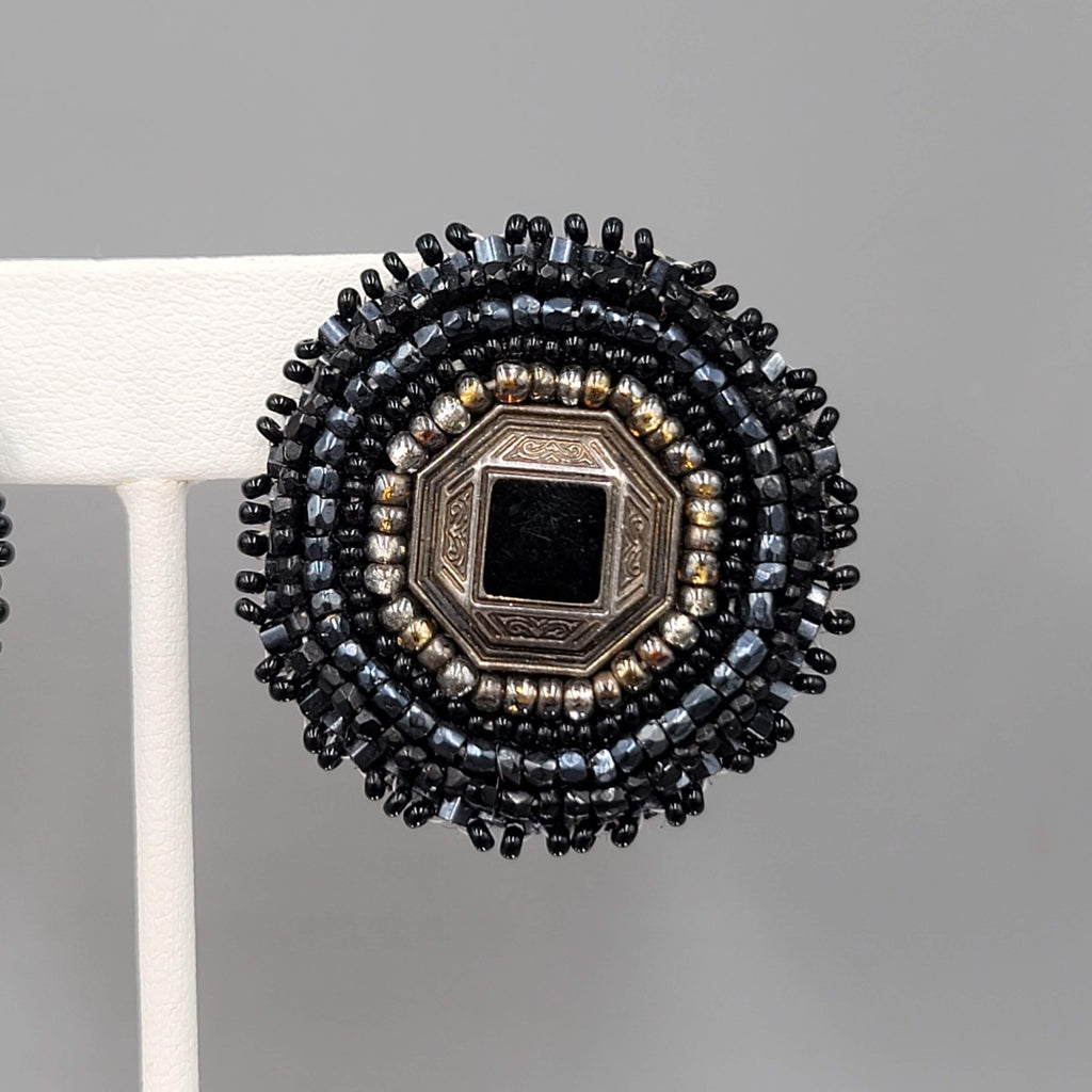 Vintage Black Seed Bead Round Pierced Earrings Statement 1.5 in