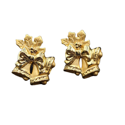 Christmas Bells Pierced Earrings Gold tone Holly Drop 7/8"