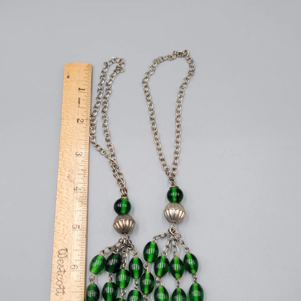 Green Glass Bead Curtain Tie Backs Set of 2 Silver tone Chain