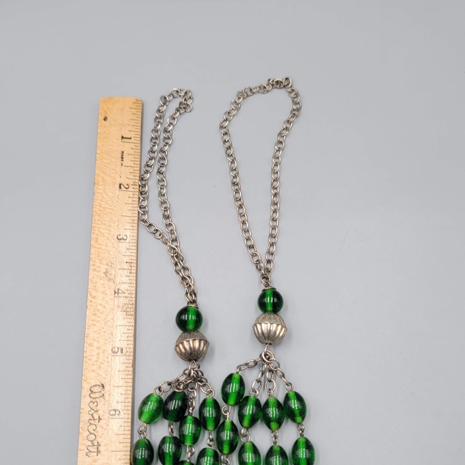 Green Glass Bead Curtain Tie Backs Set of 2 Silver tone Chain